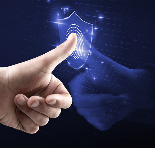 Biometric technology background with fingerprint scanning system on virtual screen digital remix